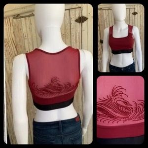 *ZISE BY BLOCH BURGUNDY MESH FLOCKED BACK CROP TOP SZ S NWOT*